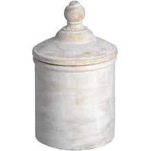 Load image into Gallery viewer, Antique White Large Stone Effect Canister, the perfect hideaway for all your bits and bobs or use as a decorative display piece. With a neutral tone this piece looks fantastic with dark backdrops or paired with metallics for a crisp contrast.  We love this canister placed on our shelves to add interest and create intrigue - I wonder what is inside? Well, if it&#39;s ours it is probably a few lost buttons and a few coins. Don&#39;t judge! It looks so good
