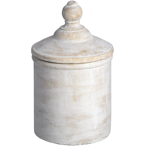 Antique White Large Stone Effect Canister, the perfect hideaway for all your bits and bobs or use as a decorative display piece. With a neutral tone this piece looks fantastic with dark backdrops or paired with metallics for a crisp contrast.  We love this canister placed on our shelves to add interest and create intrigue - I wonder what is inside? Well, if it's ours it is probably a few lost buttons and a few coins. Don't judge! It looks so good