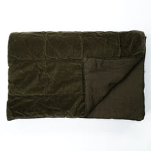 Load image into Gallery viewer, When you want to transform your bedroom into a  luxury retreat we have it covered with the beautiful Olive Green Throw by Raine &amp; Humble. It is super thick and the colour is striking in the velvet material. Features a square quilted effect with a cotton trim.
