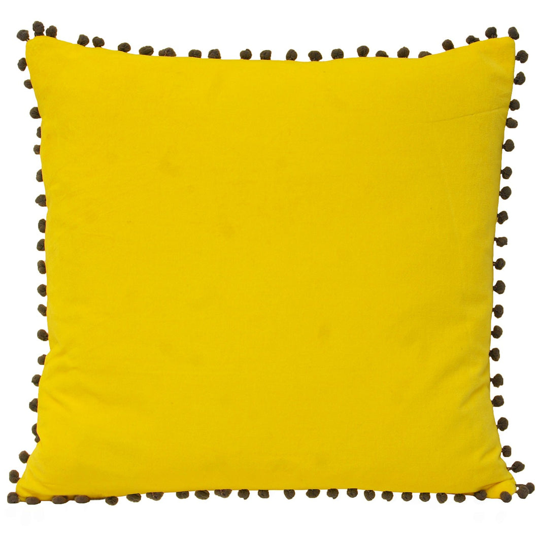 Paoletti Yellow Velvet Cushion With Pompom Edges